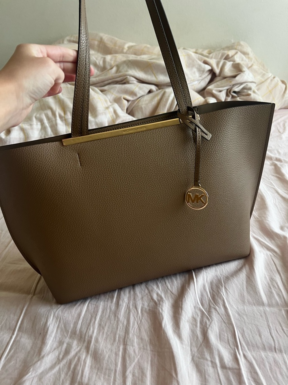 Michael Kors Olive Green Pebbled Leather Tote with Gold Accent